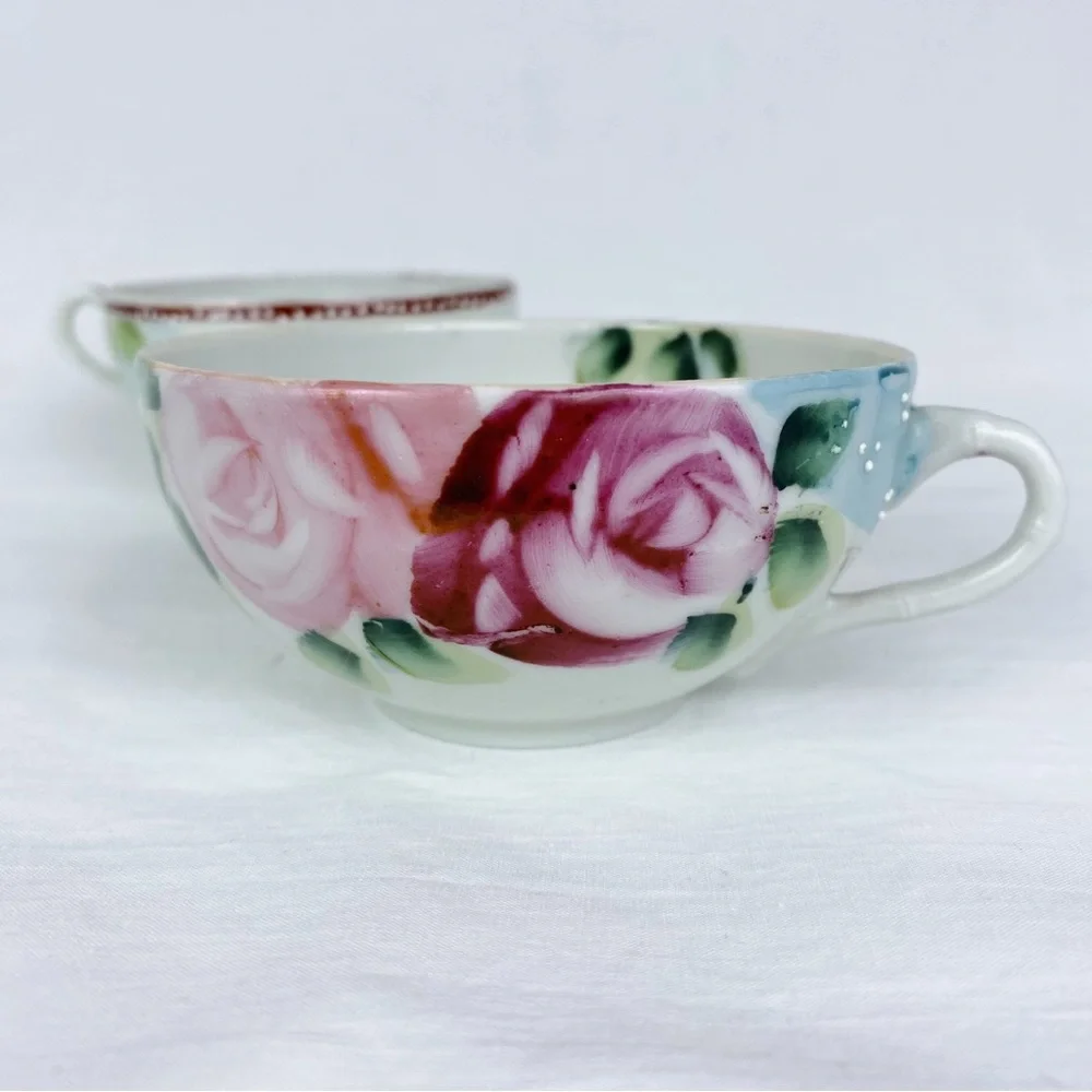 Vintage Japanese Hand Painted Floral Teacups Set of 2